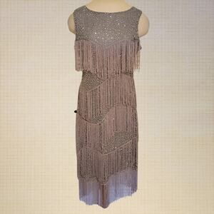 Babe Yono 1920s Flapper Beaded Sequin Fringe Dress Silver Size Medium
